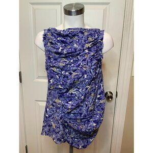 Nina Ricci Blue White Floral 100% Silk Draped Sleeveless Tank Top, Size 40 | 8